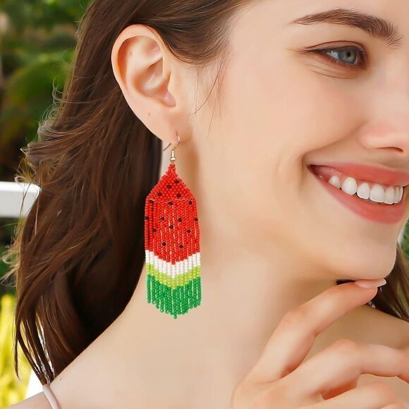 Watermelon Boho Seed Bead Tassel Dangling Statement French Wire Hook Earrings - Picture 8 of 8